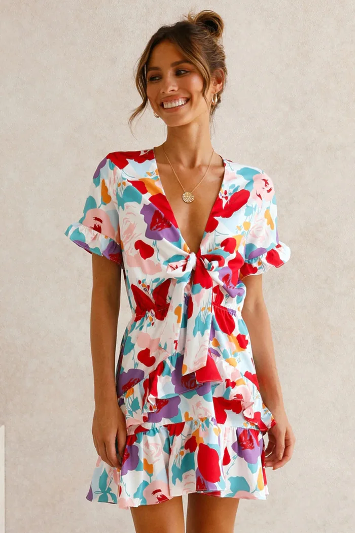 

2023 New Summer Independent Station wish Amazon ebay Bow Short Sleeve Print Panel Ruffle Dress Women