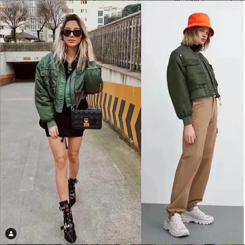 Уличная женская зеленая короткая куртка модная куртка-бомбер на молнии с длинным