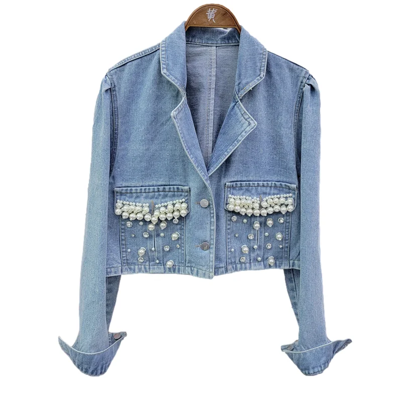 

Vintage Blue Pearl Diamonds Big Pocket Denim Jacket Women Korean Loose Short Cowboy Outerwear Suit Collar Jeans Jackets Female