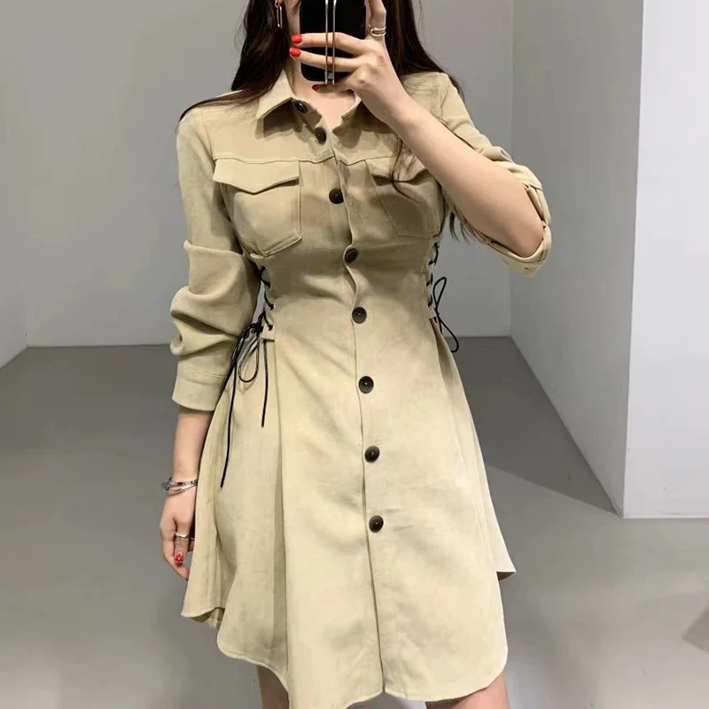 Элегантное шикарное платье в Корейском стиле весеннее модное однобортное