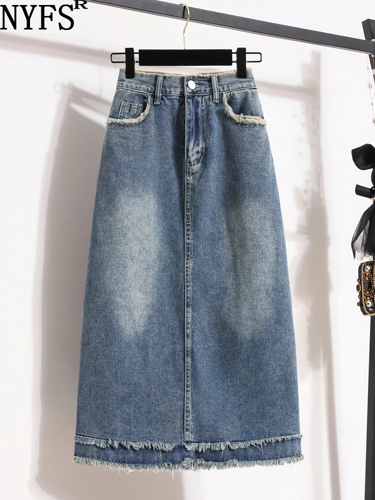 

Женская джинсовая юбка-карандаш NYFS, винтажная однотонная длинная юбка с необработанным краем и высокой талией, весна-лето 2023