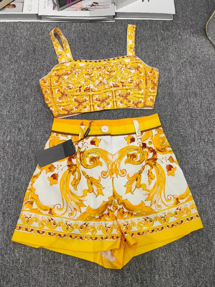 ity retro czerwony kwiat porcelanowy nadruk halter top klatka piersiowa dwuczęściowy zestaw 2024 letni damski nowy + proste krótkie gorące