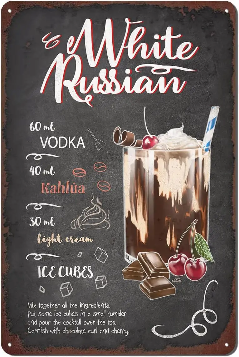 

Cocktail Tin Sign, Vintage Cocktail Recipes Metal Sign, Bar Signs for Home Bar Wall Decor 12 X 8 Inch - White Russian