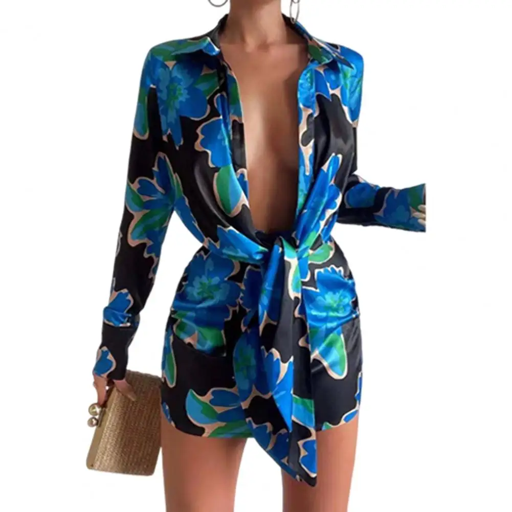 

dresses for wome Long Sleeve Breathable Colorful Print Deep V Neck Dress Shirt Dress Fashion Printed Sexy Slim Mini Dress Summer