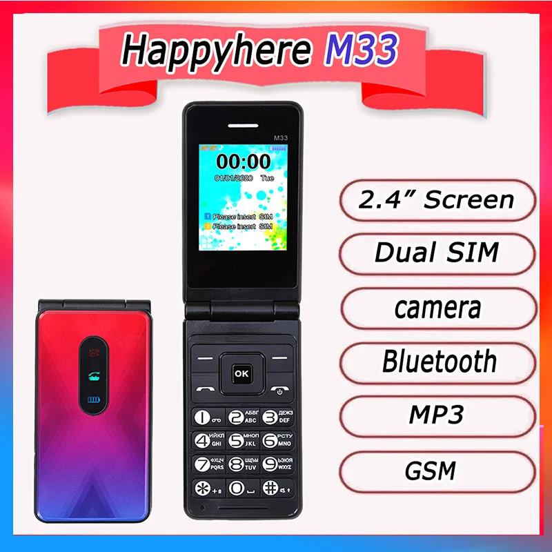 Happyhere M33 flip mobile phone MP3 MP4 FM Radio video player Flashlight push-button cheap clamshell Cell Phone Russian keyboard