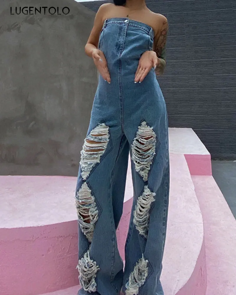 Women Denim Jumpsuit Sexy Ripped Slash Neck Sleeveless Hole Fashion Slim High Waist Female Straight Long Jumpsuits