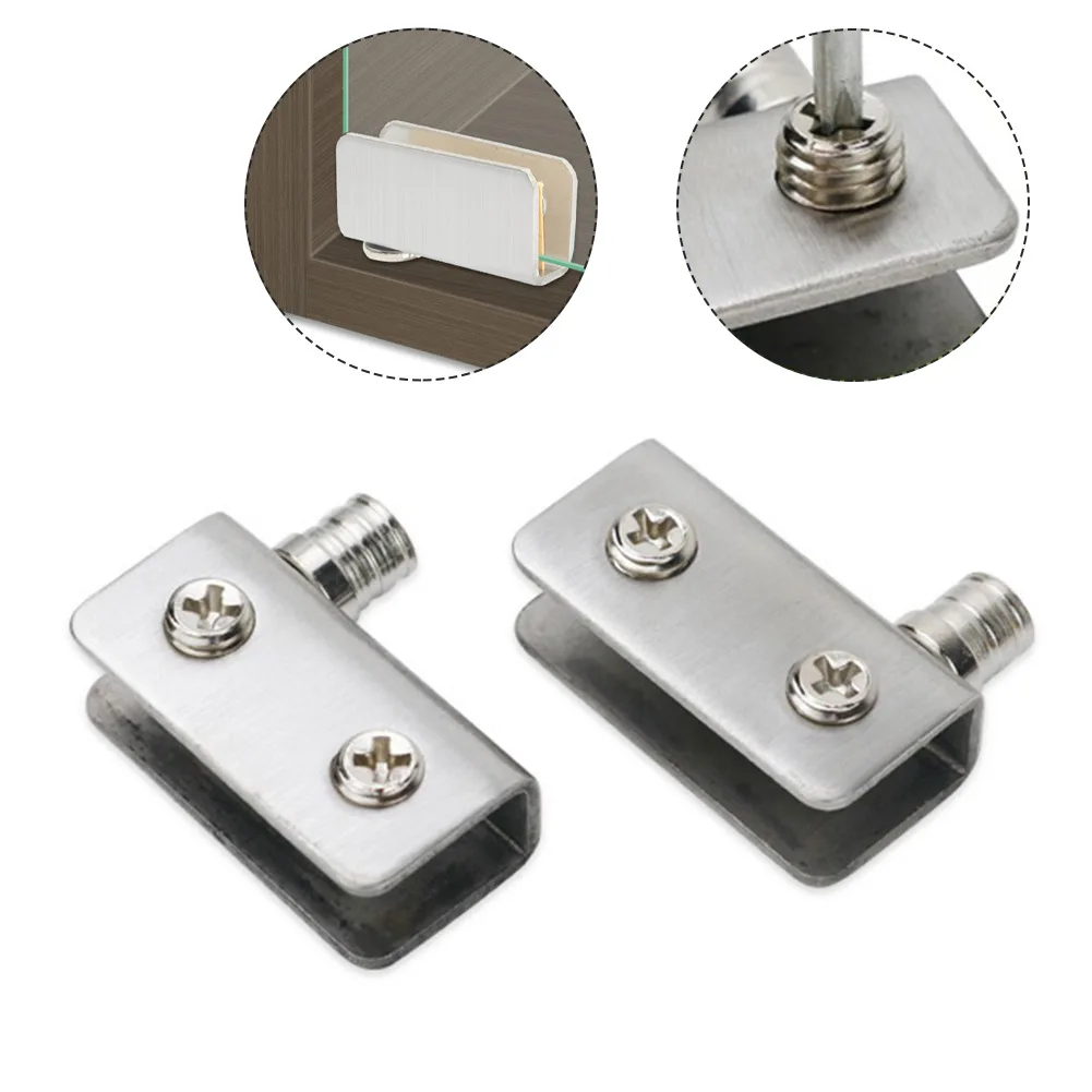 

1Pair Glass Door Hinges Stainless Steel Cabinet Pivot Hinge Clip No Drilling With Press Fit Bush Upper Lower Door Glass Hinge