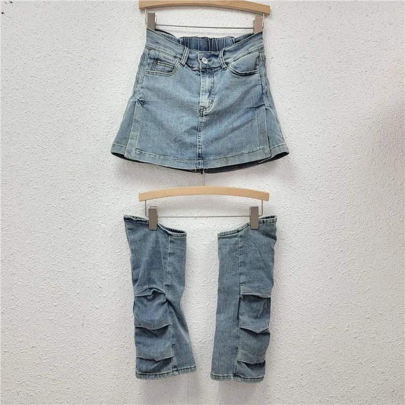 

2023 Summer New Denim Mini Skirts for Women High Waist A-Line Jean Skirt with Pleated Slit Piled Trouser Legs Female Fashion