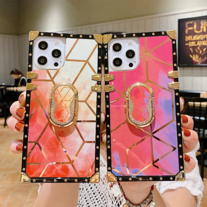 

Luxury Geometry Marble Square Ring Phone Case For iPhone 13Pro 12 11 XS MAX X 7 8 Plus Vintage Electroplated Plated Holder Cover