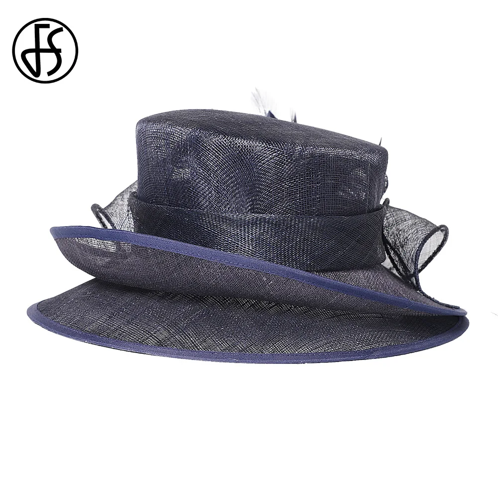 FS Темно-синие шляпы Sinamay с плоским верхом для женщин цветочным пером свадебная