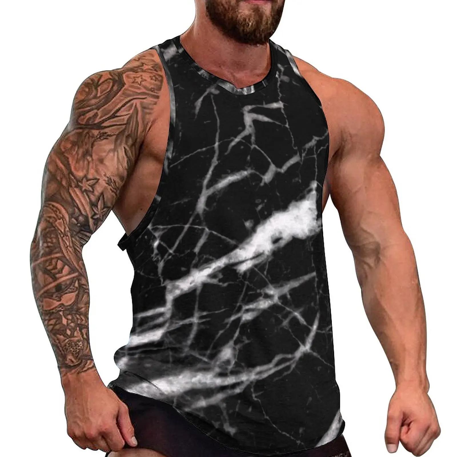 

Marble Crackle Black And White Summer Tank Top Natural Marbles Graphics Workout Tops Pattern Fashion Sleeveless Vests Plus Size