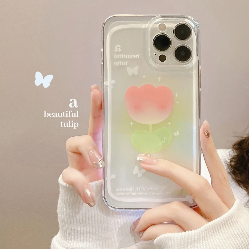 

Fashion Laser Cute Flower Clear Phone Case For iPhone 13 Pro Max 12 11 X XS XR 7 8 Plus SE2020 Transparent Soft Shockproof Cover