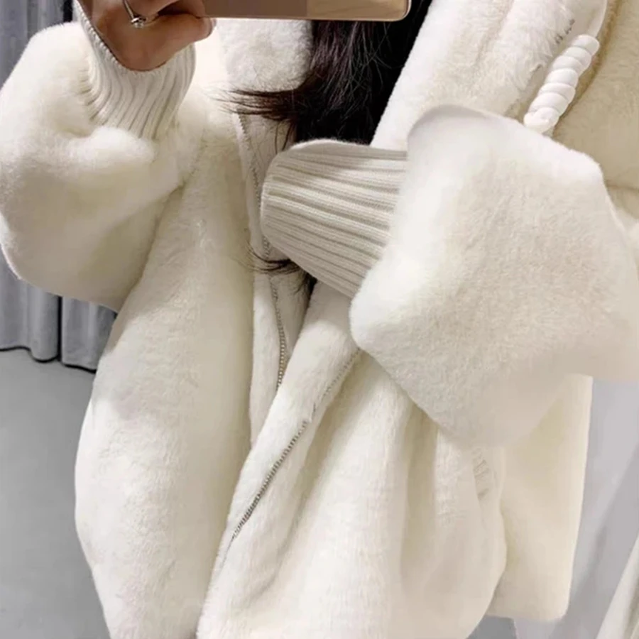 Winter Hooded Faux Rabbit Fur Plush Women Jacket Imitation Lambwool Outwear Top White Coat Warm Furry Overcoat Casual Sobretudos