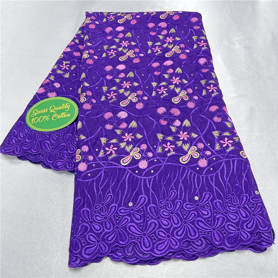 

Purple African Cotton Swiss Voile Lace Fabric High Quality Nigerian Embroidery Dress Material Tissu Brode Coton Africain WC26