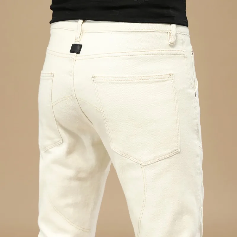 Summer Jeans Men Lightweight Beige Slim Fit Pencil Pants Fashion Korean Style Casual Denim Trousers