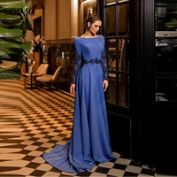 oimg elegant royal blue evening dresses long sleeves applique scoop neck arabic women formal prom gowns vestidos party dress