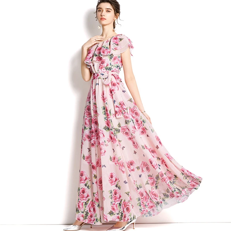 

Fashion Flower Chiffon Long Beach Dress Women Spring Summer Ruffled Elastic Waist Holiday Bandage Tunic Floor-Length Dress Robe