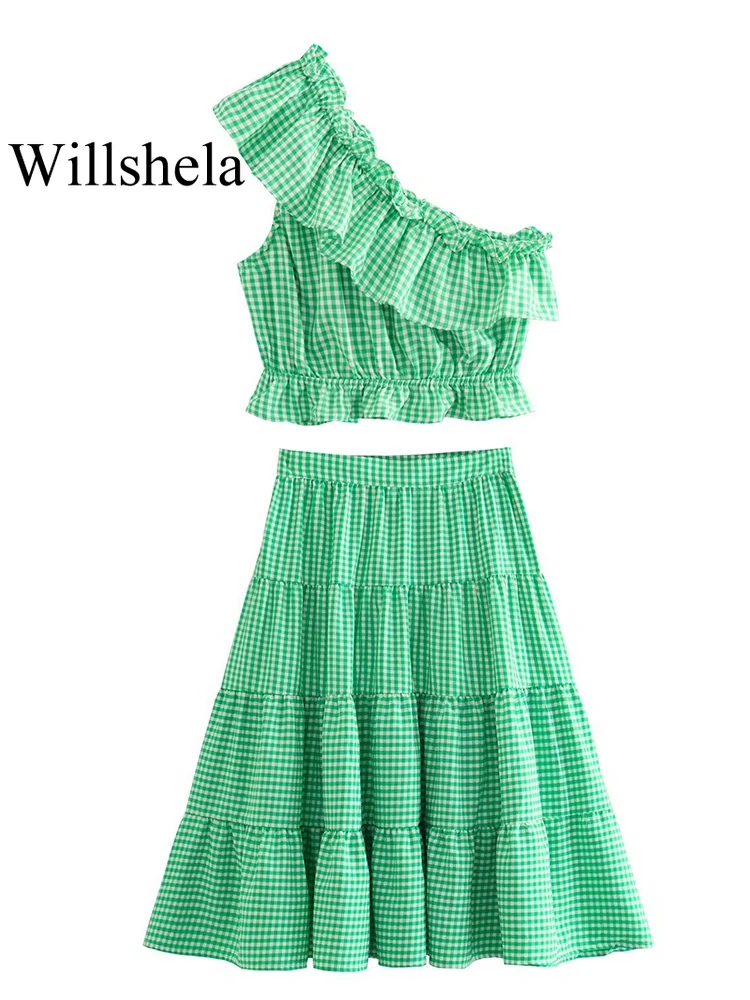 

Willshela Women Fashion 2 Piece Set Plaid Ruffled Tops & Vintage High Waist Side Zipper Midi Skirt Chic Lady Female Skirts Set