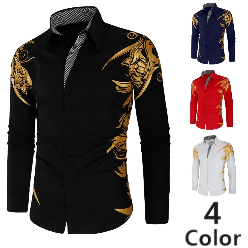 

Мужская приталенная рубашка с длинным рукавом Camisa Masculina, с золотым принтом, для клуба, выпускного вечера, рубашка, Мужская блузка, деловая рубашка