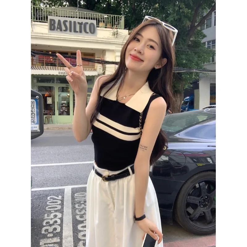 

Женская летняя футболка в стиле преппи в Корейском стиле с отложным воротником Y2k Трикотажный жилет без рукавов тонкие полосатые футболки контрастных цветов