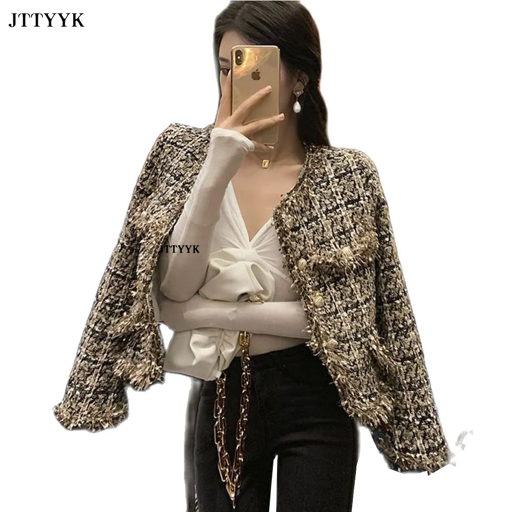 

High Quality French Vintage Small Fragrance Tweed Jacket Coat Women's Spring Casual Channel Style Za Suit Cropped Plaid Tops