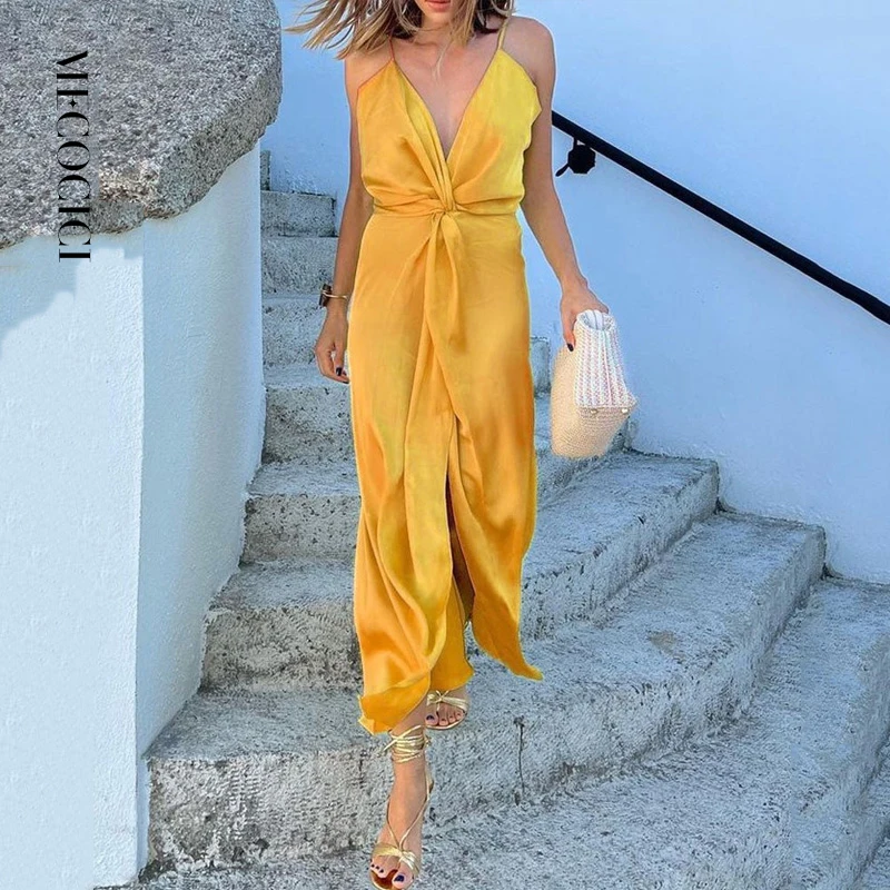 

MECOCICI Women Dress Fashion Sexy Sling Solid V-Neck Sleeveless Lace Up Pleated Slit Loose Style Long Skirt High Streetwear