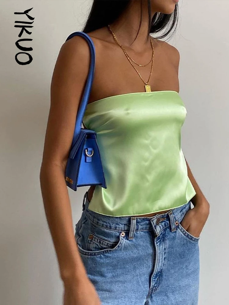 

YIKUO Satin Backless Crop Top 2022 Women Green Bandage Sleeveless Strapless Tank Tops Y2K Summer Off Shoulder Cami Sexy