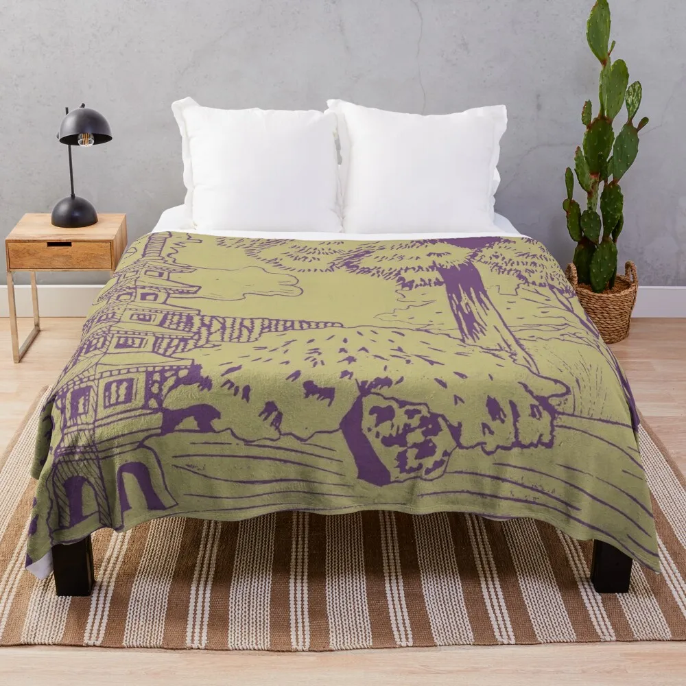 Японский сад с принтом пагоды Linocut — сливовое + золотое одеяло мягкие роскошные