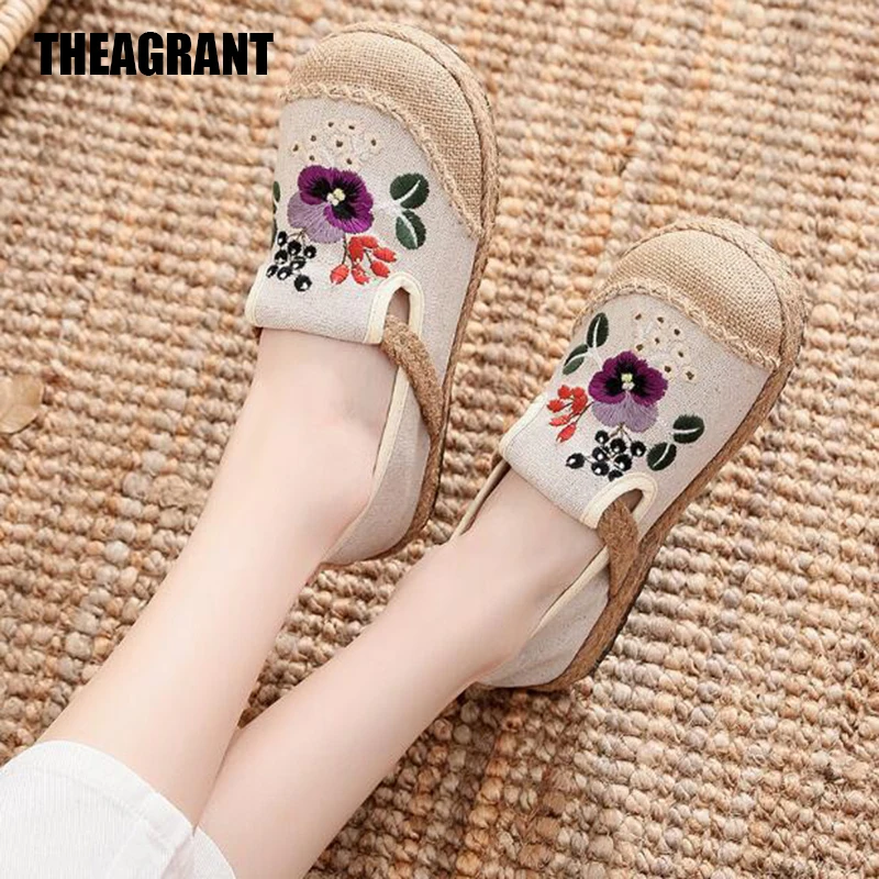 

THEAGRANT Floral Women Shoes Handmand Embroidery Breathable Linen Flat Shoes Slip on Casual Ladies Loafers Espadrilles WFS3125