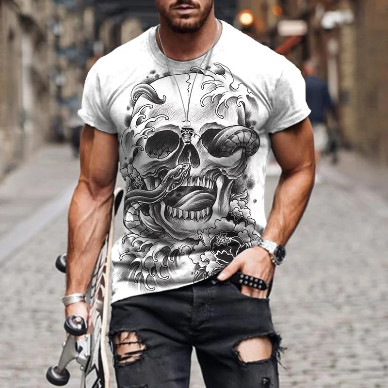 

Punk Rock Hip 2022 Men's Summer 3D Pattern Funny Horror Skull Oversized Short Sleeve T Shirt Street Style Unisex Jogging Outdoor