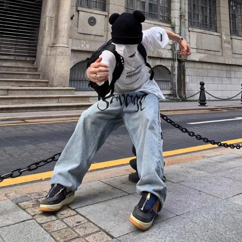 European and American Street Hip Hop Jeans Men's Loose Retro Long Pants Personality Falling Wide Leg Mop Pants