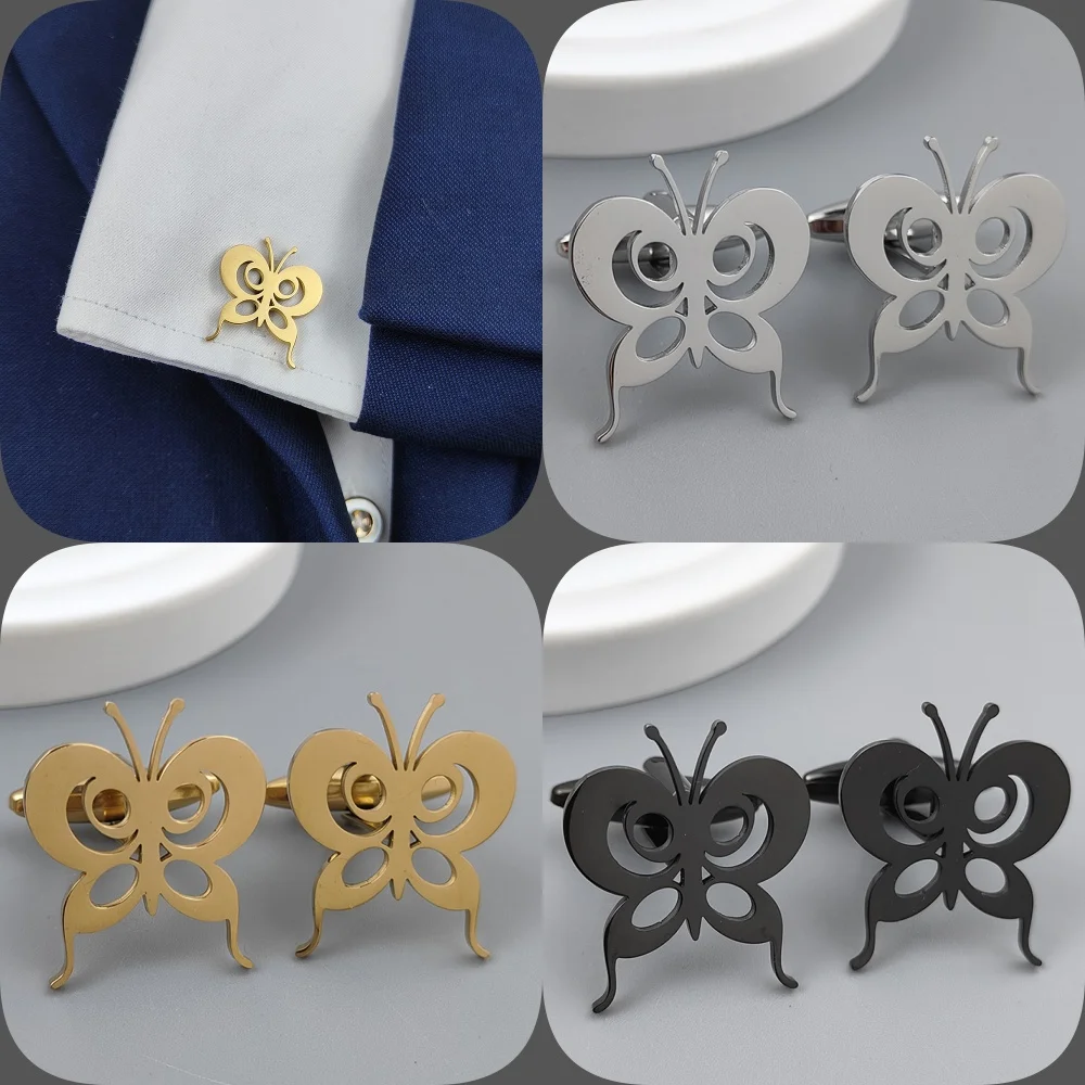 Запонки Позолоченные с бабочкой из нержавеющей стали 316L черные манжеты для