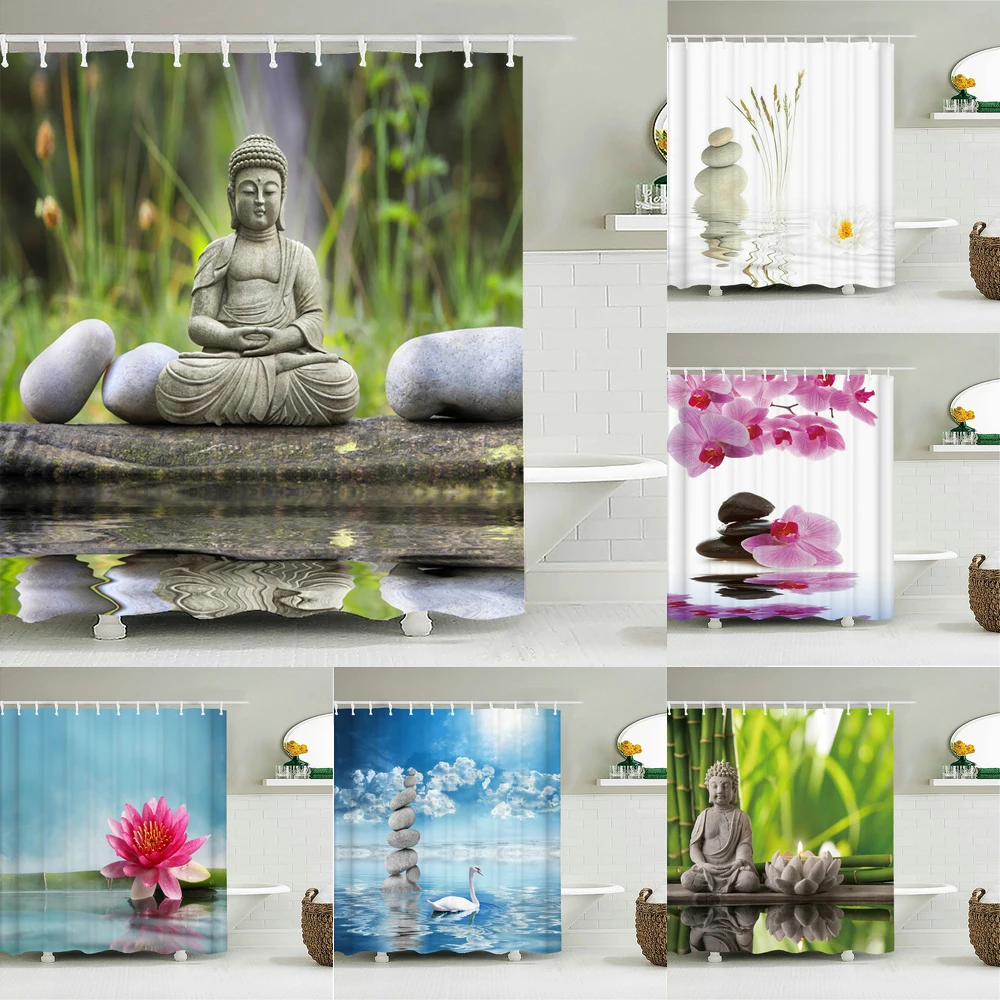 Buddha Zen Stone Lotus Landscape Shower Curtain 3D Print Garden Decor Screen Waterproof Polyester Fabric Bathroom Accessorie Set