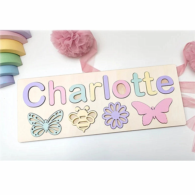 

Butterfly, Bee,Flower Personalized Name Pastel Puzzle,Nursery Decor,Wooden board,Baby Secondary education toys,1st Birthday Gift