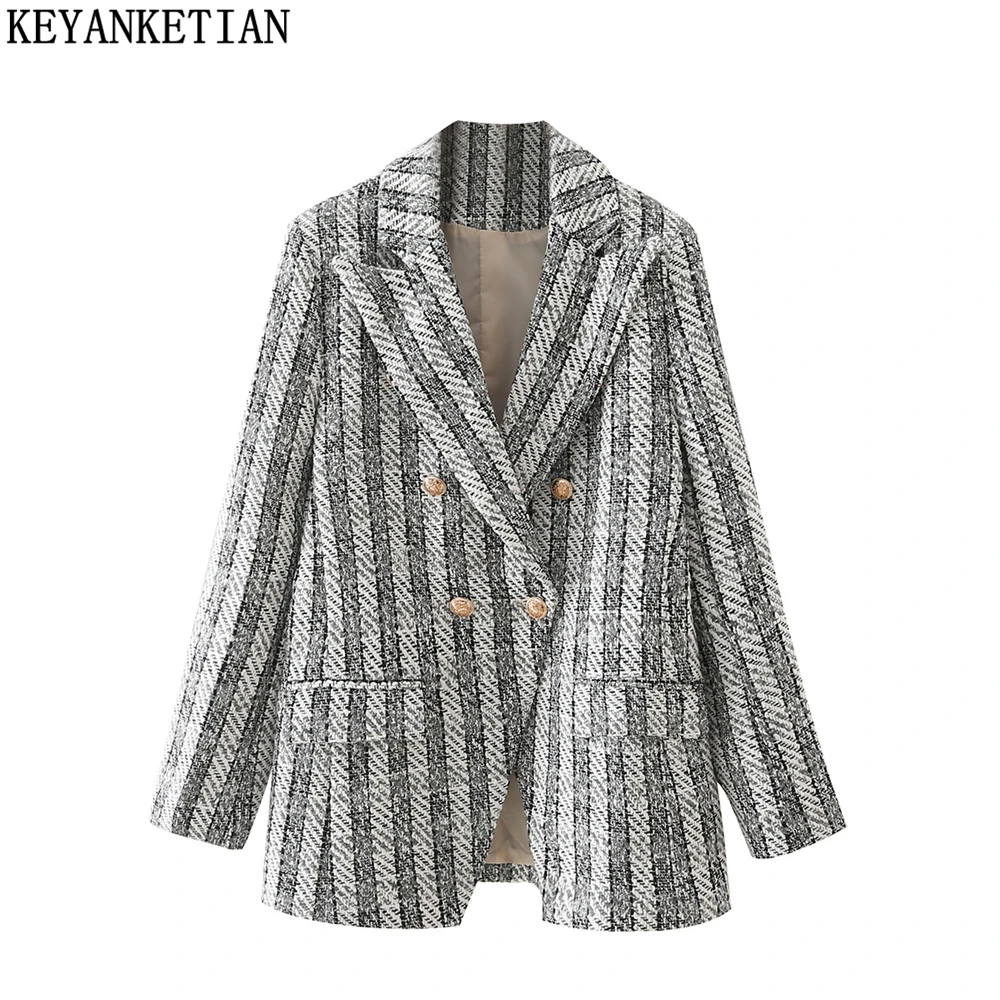 

KEYANKETIAN women's metal buckle woolen woven suit autumn and winter new retro style color matching small fragrance coat
