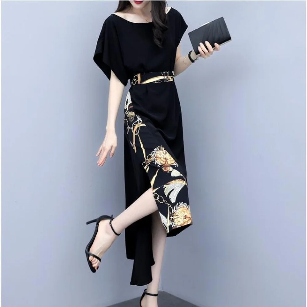 

Dress Summer Women's Clothing Midi Dress Korean Version Fashion Plus Size Splicing Printing Crew Neck Waist Middle-aged Woman