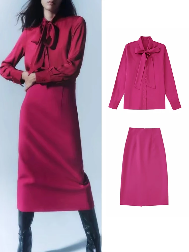 

TRAF Elegant Red Skirt Sets 2022 Vintage Soft Bow Collar Long Sleeve Blouse Female Casual Back Slipt Straight Skirt Lady Suit