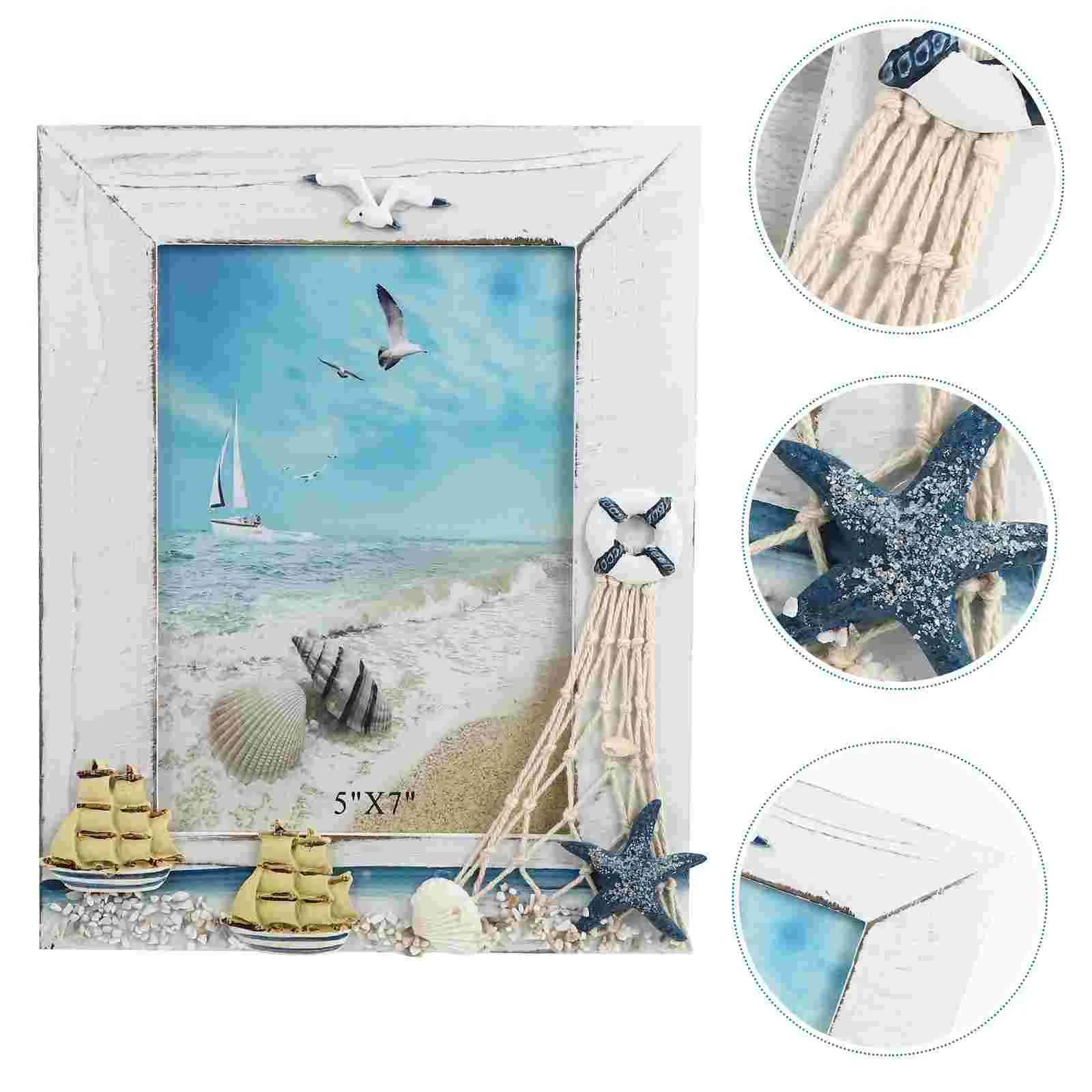 

Frame Photo Picture Nautical Frames Display Painting Beach Themed Seaside Sea Tabletop Wooden Rustic Coastal Ocean Holder Home
