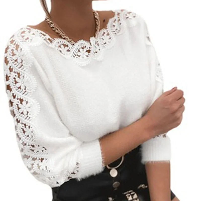 

Women's Sweater V Neck Sweater Women's Lace Seam Hollow Out Long Sleeves Fall Loose Fashion White Sweater