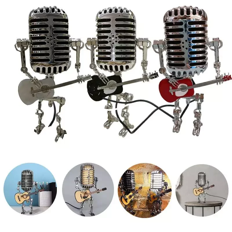 

Vintage Microphone Robot Lamp Play Guitar Desk LED Lamp Lights Vintage Miniatures Crafts Lighting Office Home Decoration