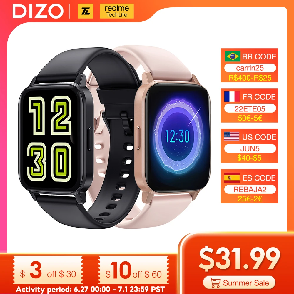  Смарт-часы Realme DIZO мужские/женские спортивные водонепроницаемые с сенсорным экраном 1,69 дюйма 