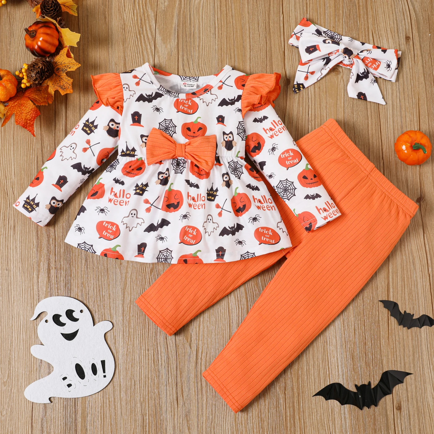 

PatPat Halloween 3pcs Baby Girl Allover Pumpkin Print Ruffle Trim Bow Front Long-sleeve Top and Solid Rib Knit Leggings