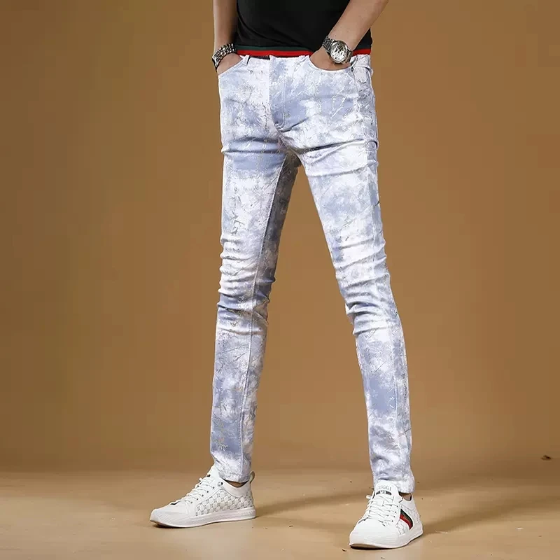 Summer Men White Blue Jeans Fashion Casual Slim Fit Straight Pants Streetwear Digital Printing Denim Trousers