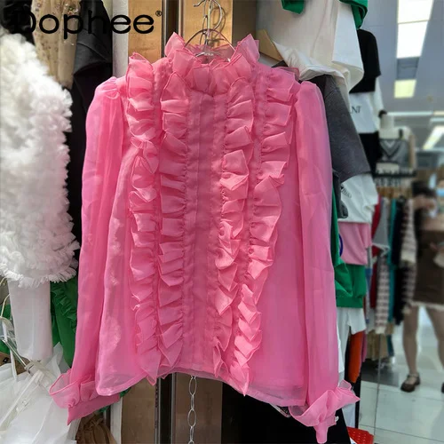 

2022 Spring and Summer Sweet Ruffled Blouse New Korean Style Organza Shirt Long-Sleeved Bottoming Ol Top Office Lady White Blusa