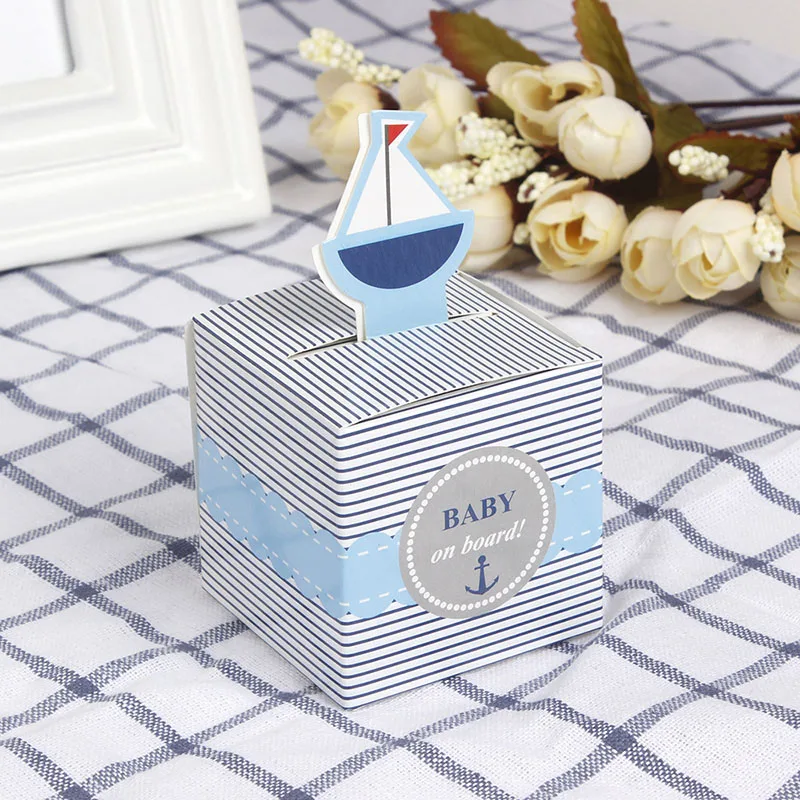 

12Pcs "Baby On Board!" Pop-Up Sailboat Baby Candy Box Blue Birthday Party Baby Shower Decorations Kids Favor Gift Box