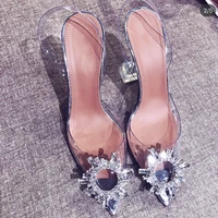 women pumps net red pointed transparent sandals female summer nightclub party word with rhinestones sexy baotou high heels
