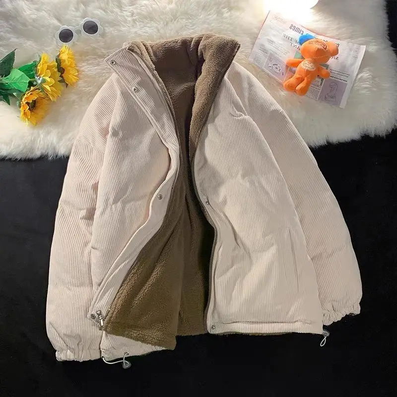 2023 Winter Women Corduroy Jacket Vintage Lamb Fleece Cotton Parkas Coat Fashion Thick Warm Clothes Loose Double-sided Outerwear
