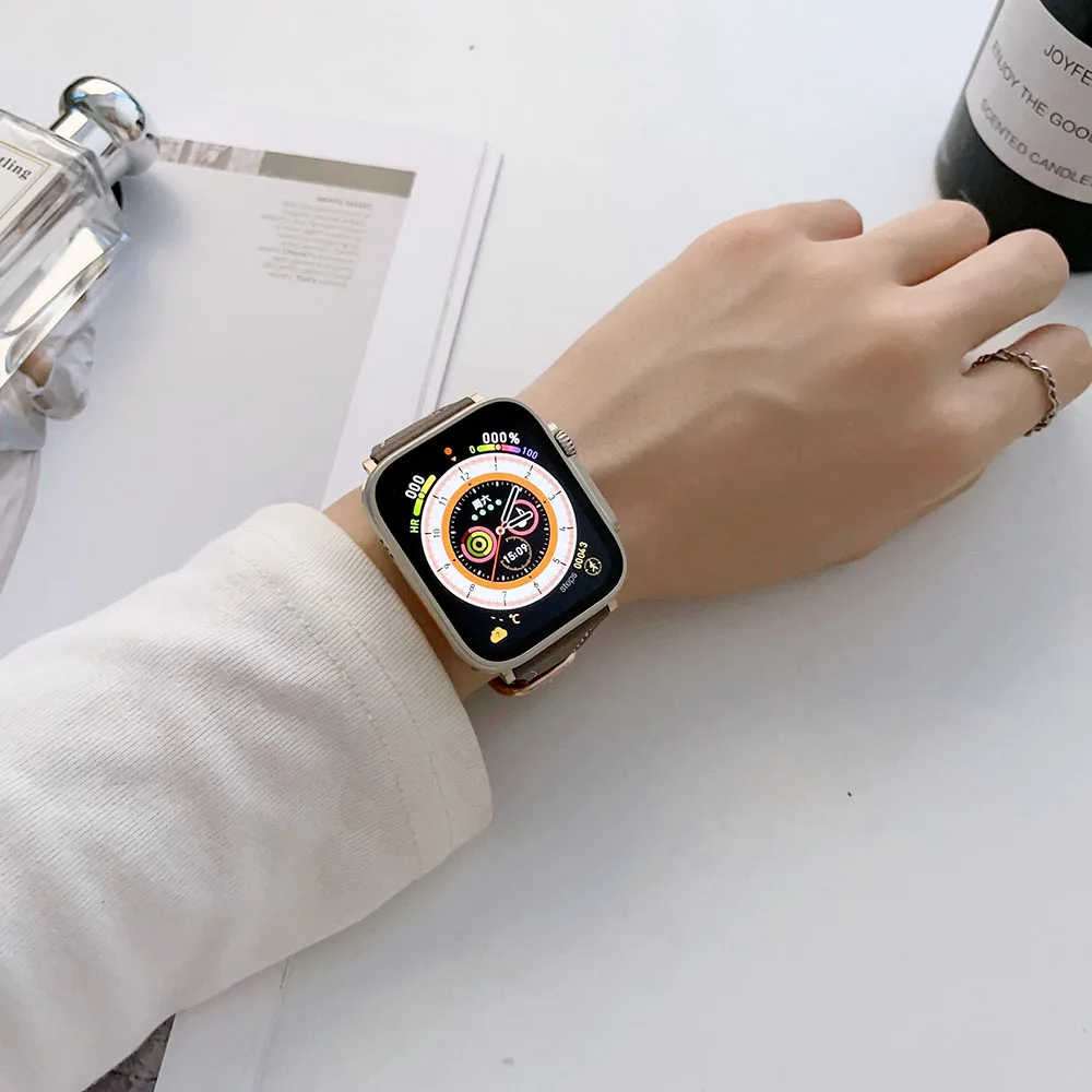 Фото Кожаный ремешок для Apple Watch Band Ultra, женский браслет для IWatch Series 7 6 5 4 SE 3 2 1, 49 мм 8 38 мм 40 мм 41 мм 42 мм 44 мм 45 мм №2