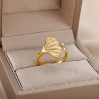 ginkgo biloba leaf rings for women gold silver color stainless steel open adjustable engagement wedding ring female jewelry 2022