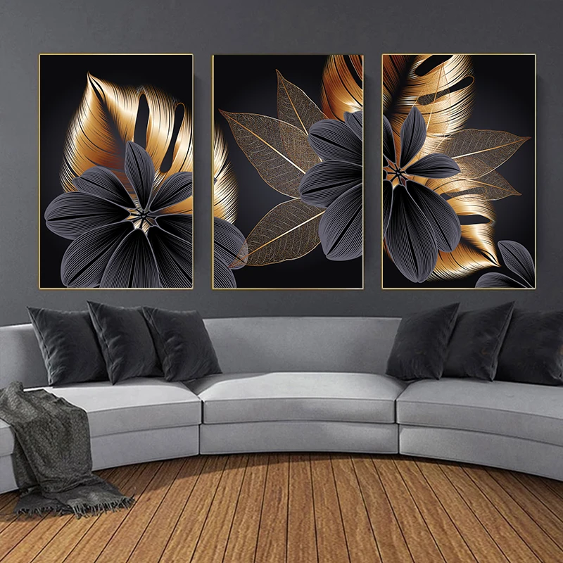 

Luxury Black Golden Plant Leaf Canvas Poster and Print Nordic Art Painting Abstract Wall Picture Modern Living Room Home Decor